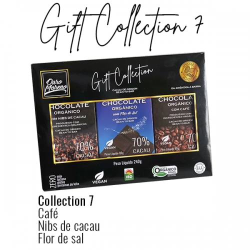 Gift collection 7 - chocolate orgânico 70% cacau com café, nibs e flor de sal em 3 barras de 80g